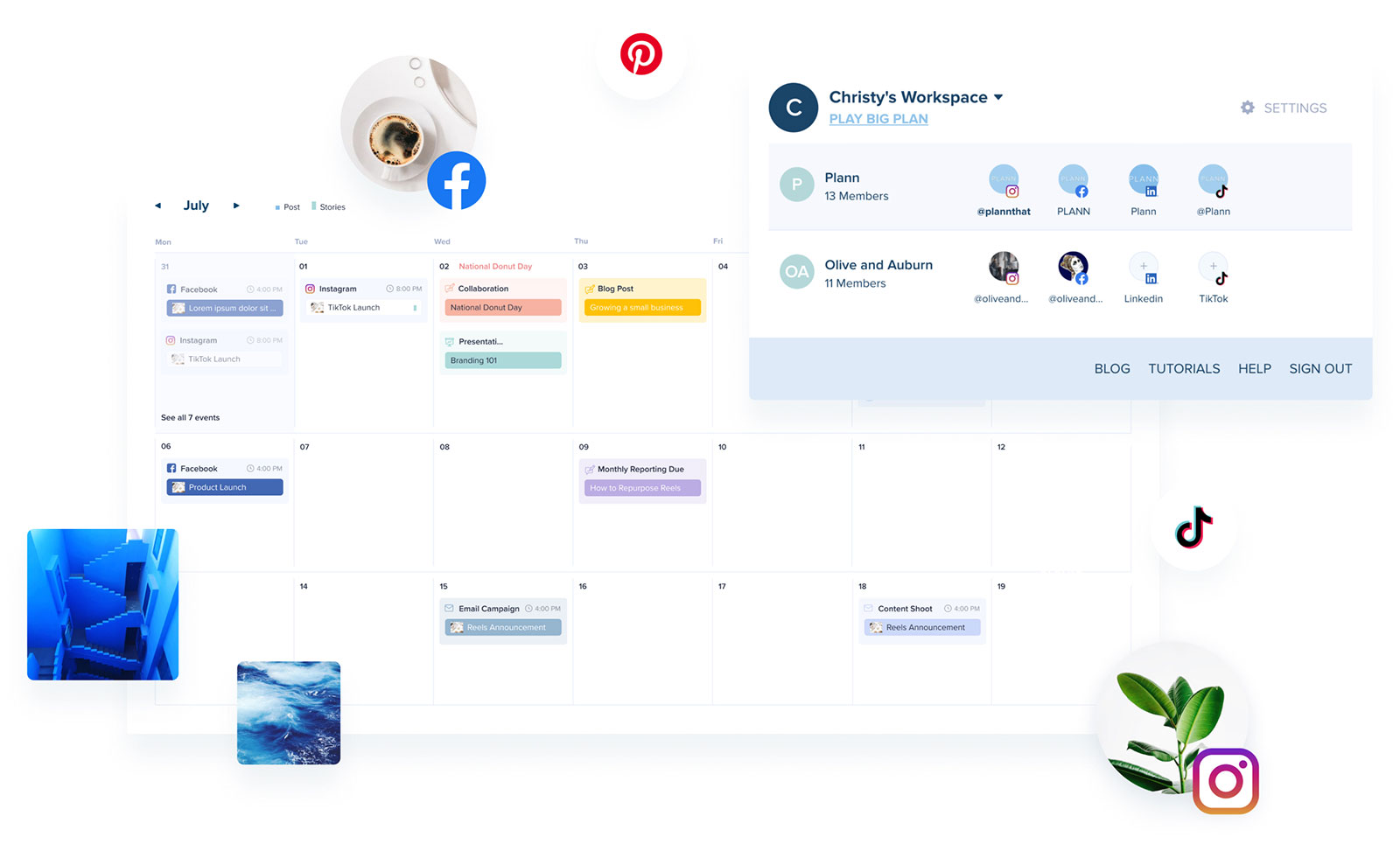 A digital workspace interface displaying a calendar with scheduled social media posts for Facebook, Pinterest, and Instagram, including user profiles, settings, and various social media platform icons | plannthat.com