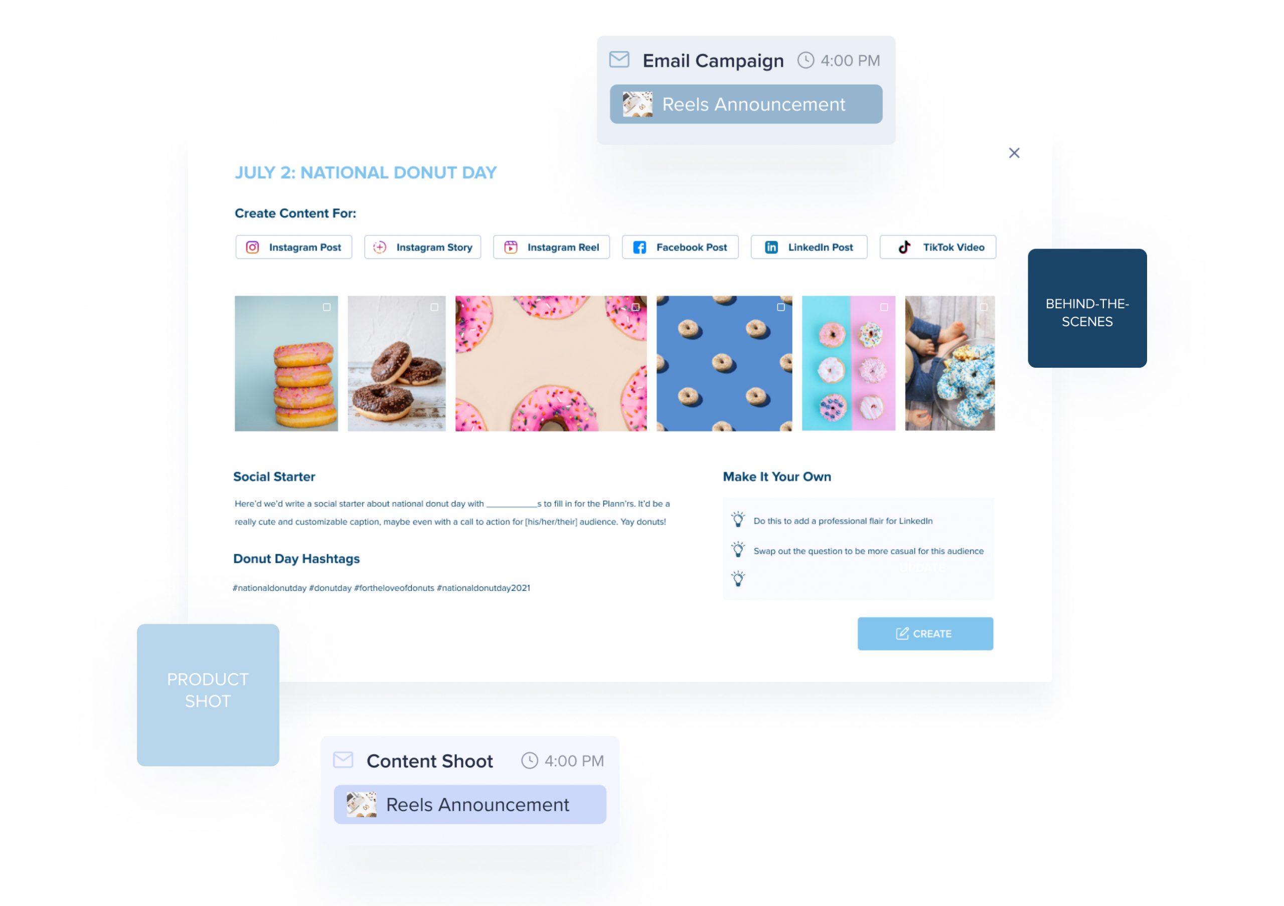 Digital planner for National Donut Day on July 2 with options to create content for various social media platforms, featuring donut images, hashtags, customization tips, and mentions of email and reels announcements for content scheduling | plannthat.com