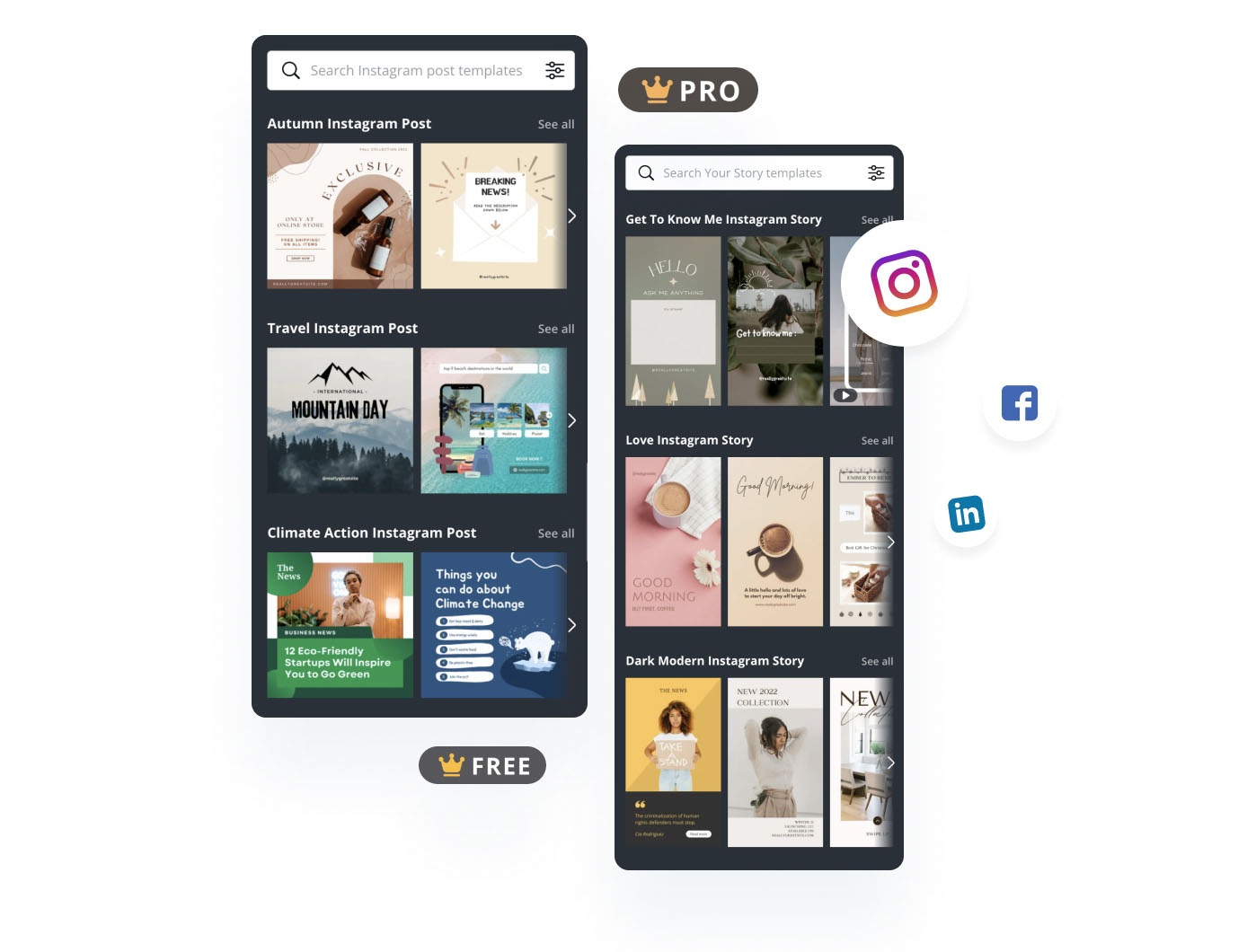 The image displays two sections of Canva templates for Instagram posts, with the left section labeled "FREE" showcasing various themed templates, and the right section labeled "PRO" featuring more advanced templates. Social media icons are positioned between the sections, highlighting the use of a social media planner. | plannthat.com