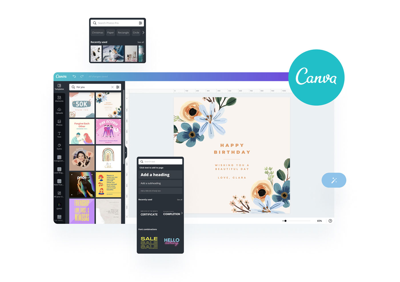 Canva interface showing a 'Happy Birthday' card design with floral elements, side panel with various templates and text customization options, search bar, and recently used items at the top, ideal for a social media planner | plannthat.com