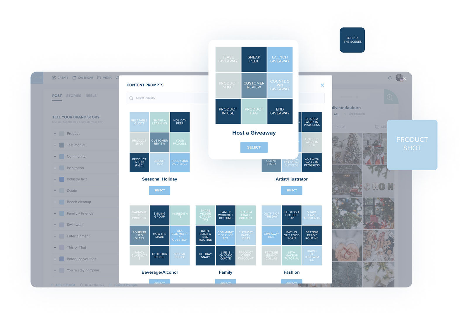 A digital interface displaying various content prompt templates for social media posts categorized by themes such as Seasonal Holidays, Beverage&Food, Family, and Fashion. A highlighted template suggests "Host a Giveaway." The background shows a blurred calendar view. | Social media planner | plannthat.com