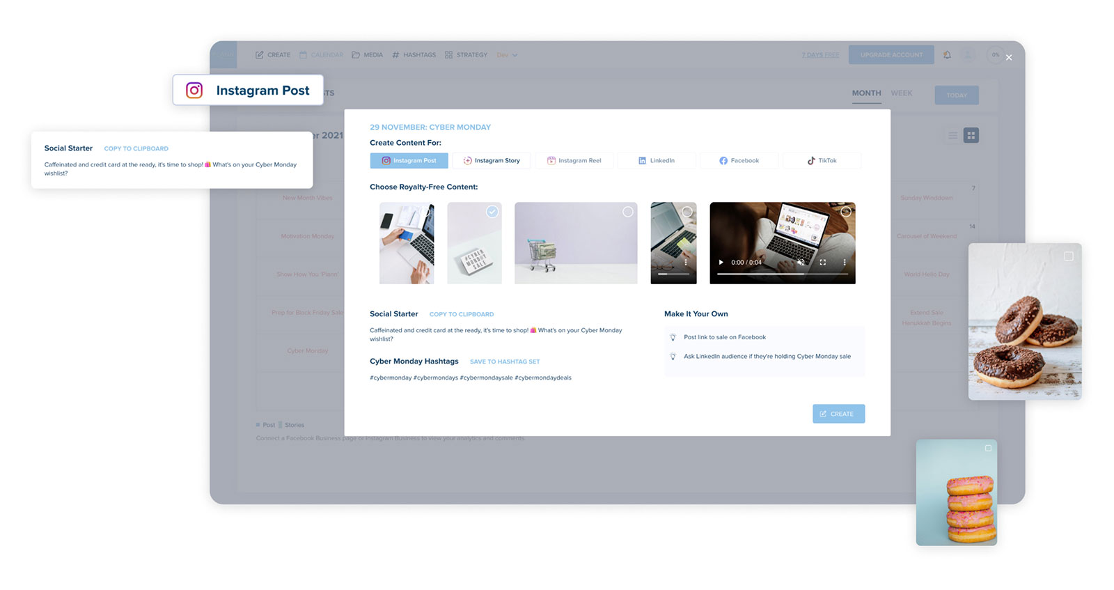 A social media content creation interface displaying options for Instagram posts, stories, and related media, featuring Cyber Monday templates with images of laptops, shopping carts, and donuts, along with social media hashtags and content ideas | plannthat.com