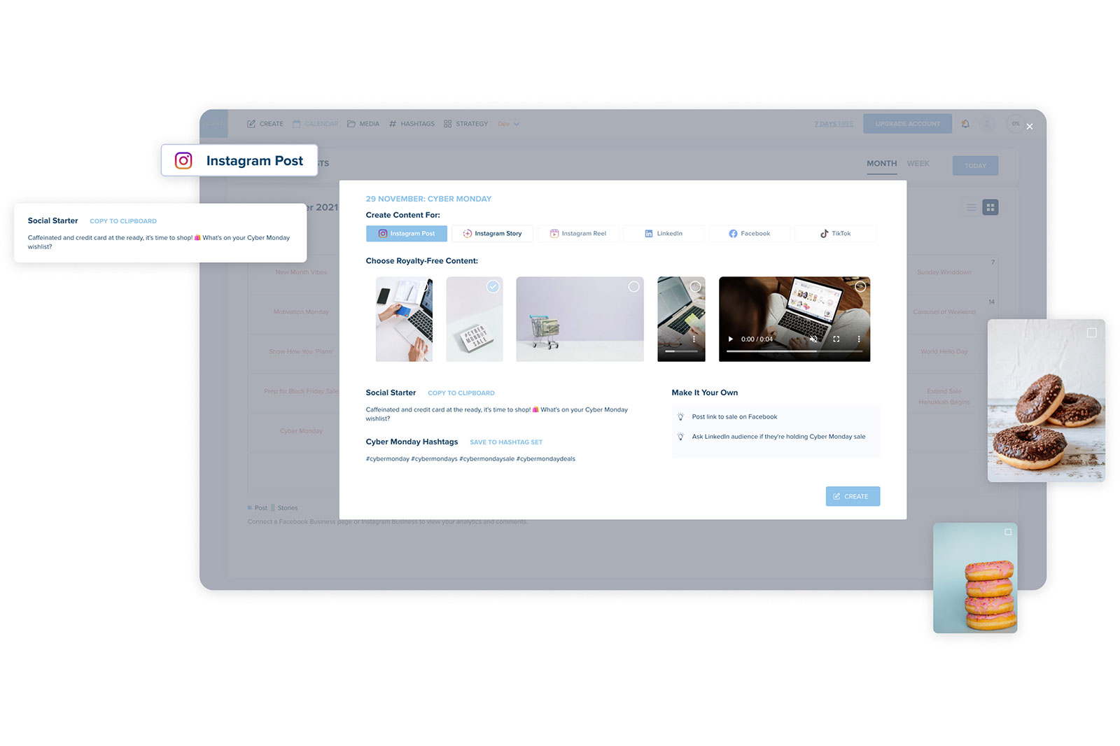 Content creation dashboard for Cyber Monday, showing options to create posts for Instagram, LinkedIn, and Facebook, with royalty-free images and editable text templates | Social media scheduler | plannthat.com Content creation dashboard for Cyber Monday, showing options to create posts for Instagram, LinkedIn, and Facebook, with royalty-free images and editable text templates | Social media scheduler | plannthat.com