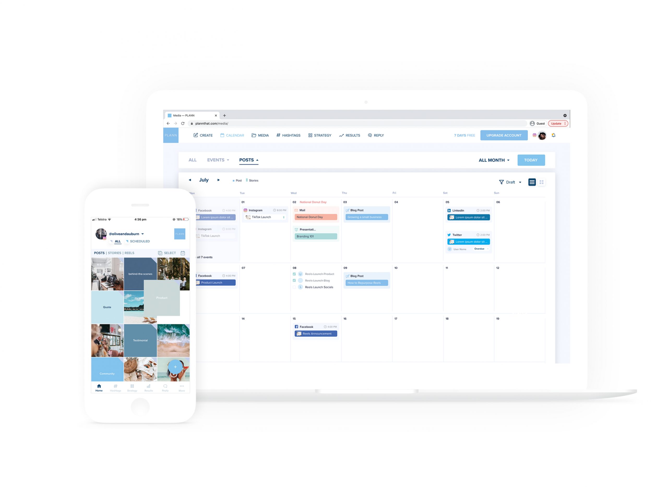 A laptop and smartphone displaying a social media scheduler platform with calendar views, post scheduling, and content organization features | plannthat.com