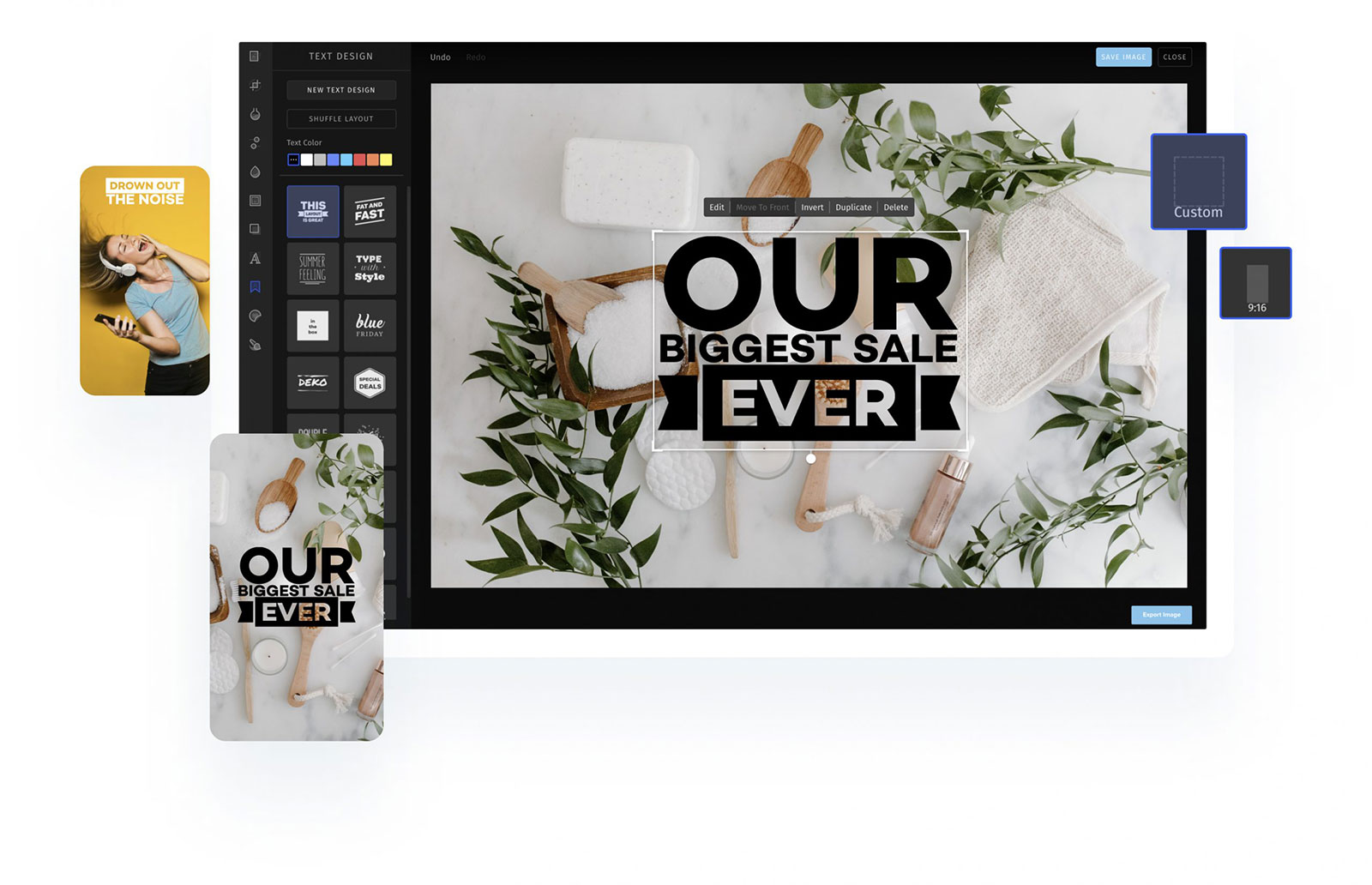 A computer screen displaying graphic design software with "OUR BIGGEST SALE EVER" text over a flat lay of spa items, alongside smaller images of the same design on a phone and tablet | Social media scheduler | plannthat.com