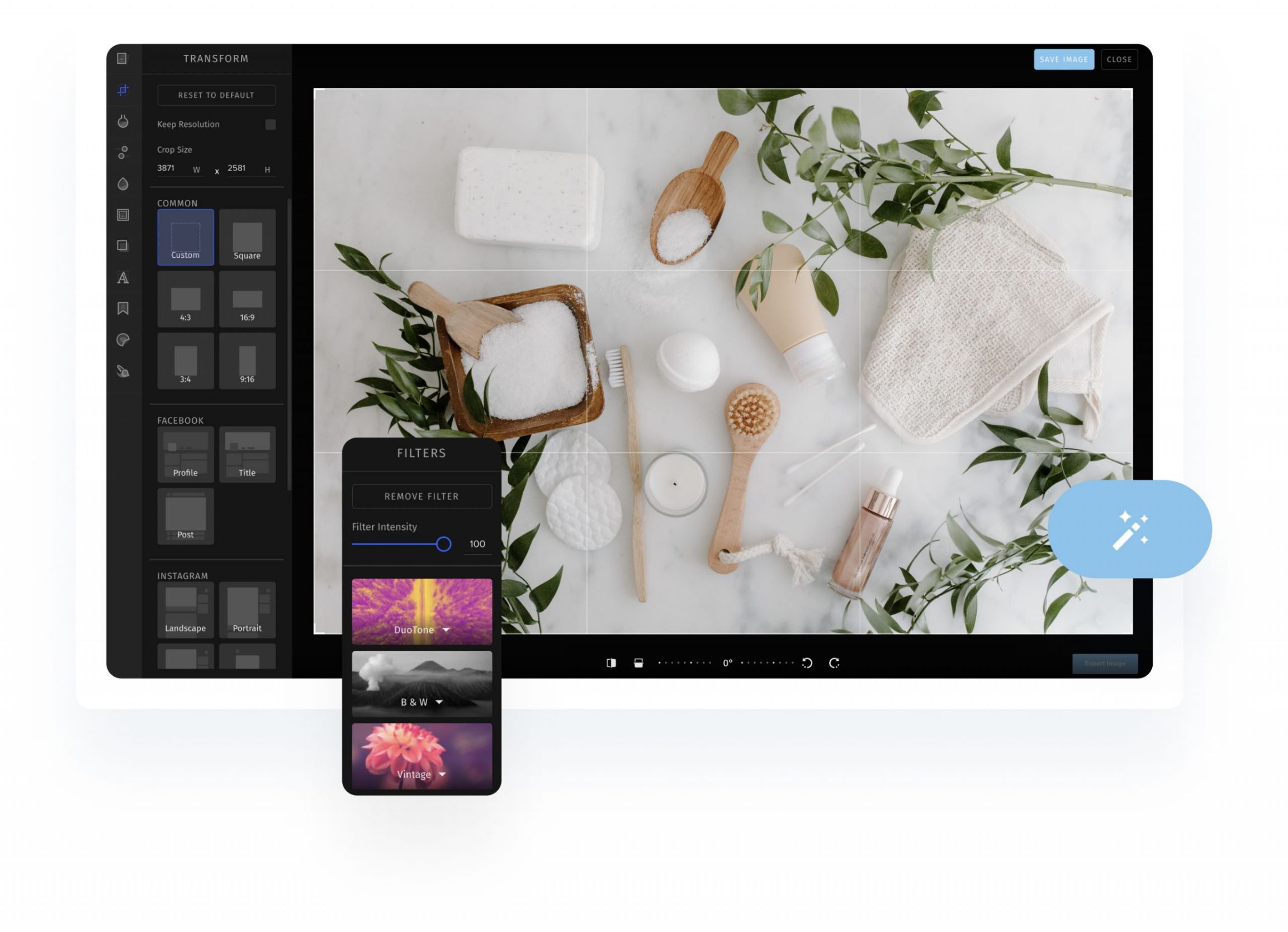 A photo editing interface displaying a flat lay of spa products, including a brush, soap, and leaves. Editing tools and filters are visible on the screen, perfect for use with an Instagram scheduler. | plannthat.com