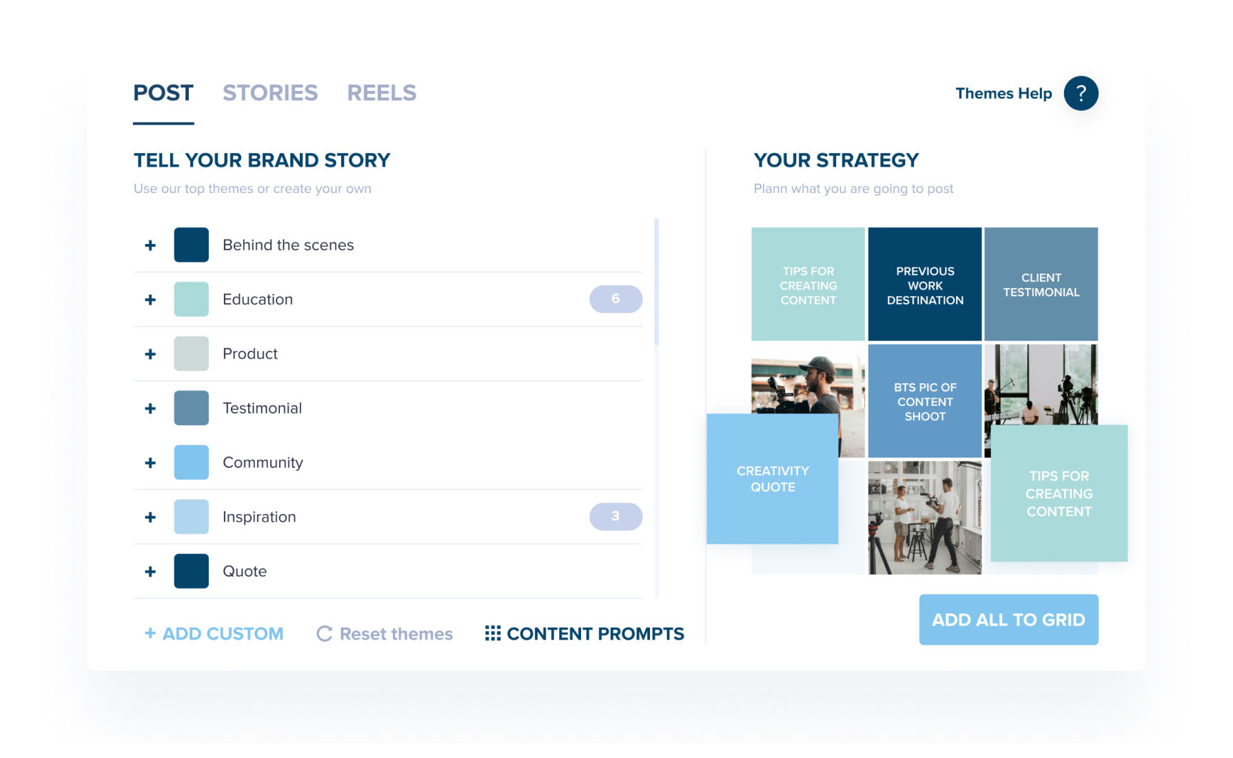 A content planning dashboard displaying categories like "Behind the scenes," "Education," and "Product." The strategy section includes tiles such as "Tips for Creating Content," "Client Testimonial," and "BTS Pic of Content Shoot," with an "Add" button | Social media scheduler | plannthat.com