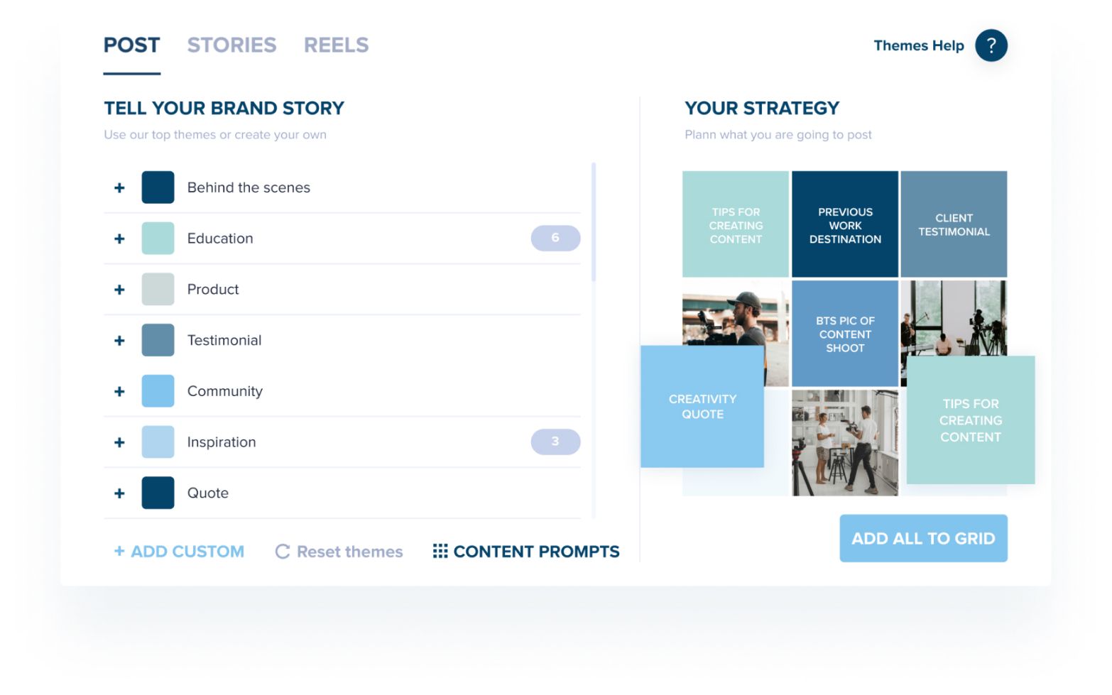 A social media content planning interface displaying options for "Post," "Stories," and "Reels," with content themes such as Education, Product, and Testimonial, alongside a strategy grid with content suggestions. Features include adding custom themes and resetting themes | plannthat.com