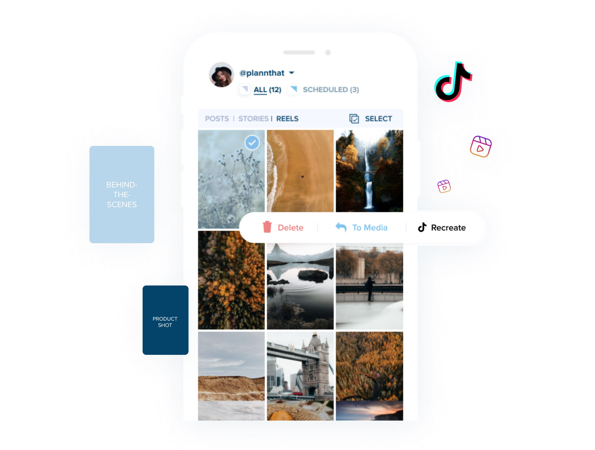 A smartphone screen displays a social media app interface with various scenic photos, options for posts, stories, reels, and icons for delete, media, and recreate. TikTok logo and video icons are present, showcasing features of a social media scheduler. | plannthat.com