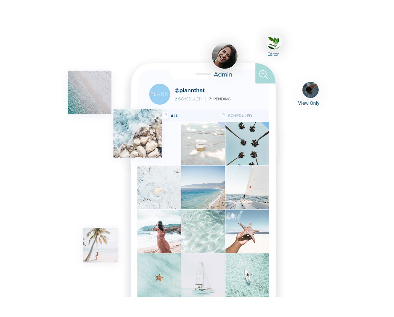 A mobile app interface displaying a grid of beach-themed photos with user roles including Admin, Editor, and View Only. The account @plannthat has 2 scheduled and 71 pending posts, showcasing the functionality of a social media scheduler. | plannthat.com