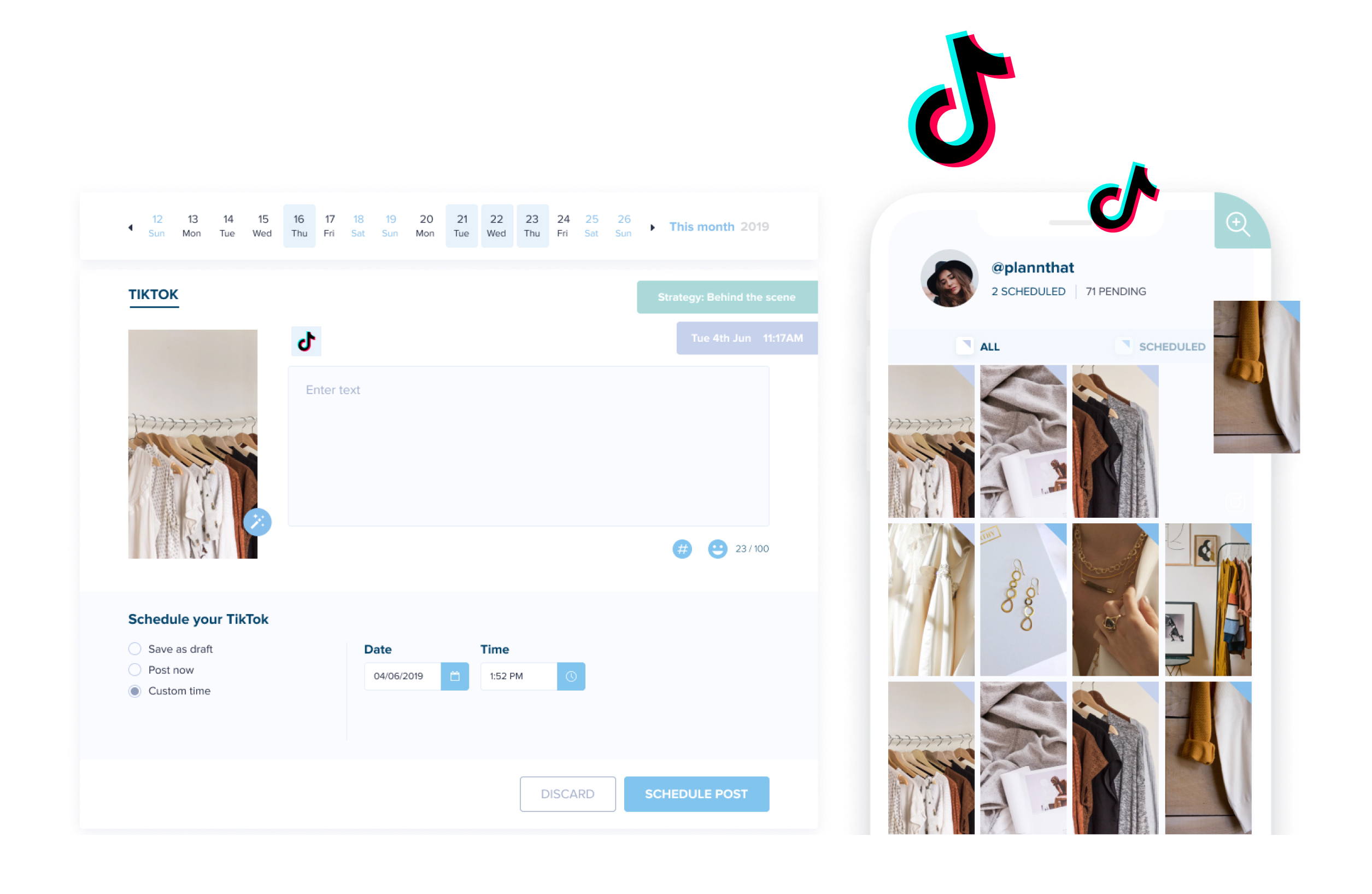 Social media scheduler interface showing a TikTok post draft with scheduling options, including text entry, image preview, and a calendar. Mobile view displays a user's TikTok feed with scheduled posts. | plannthat.com