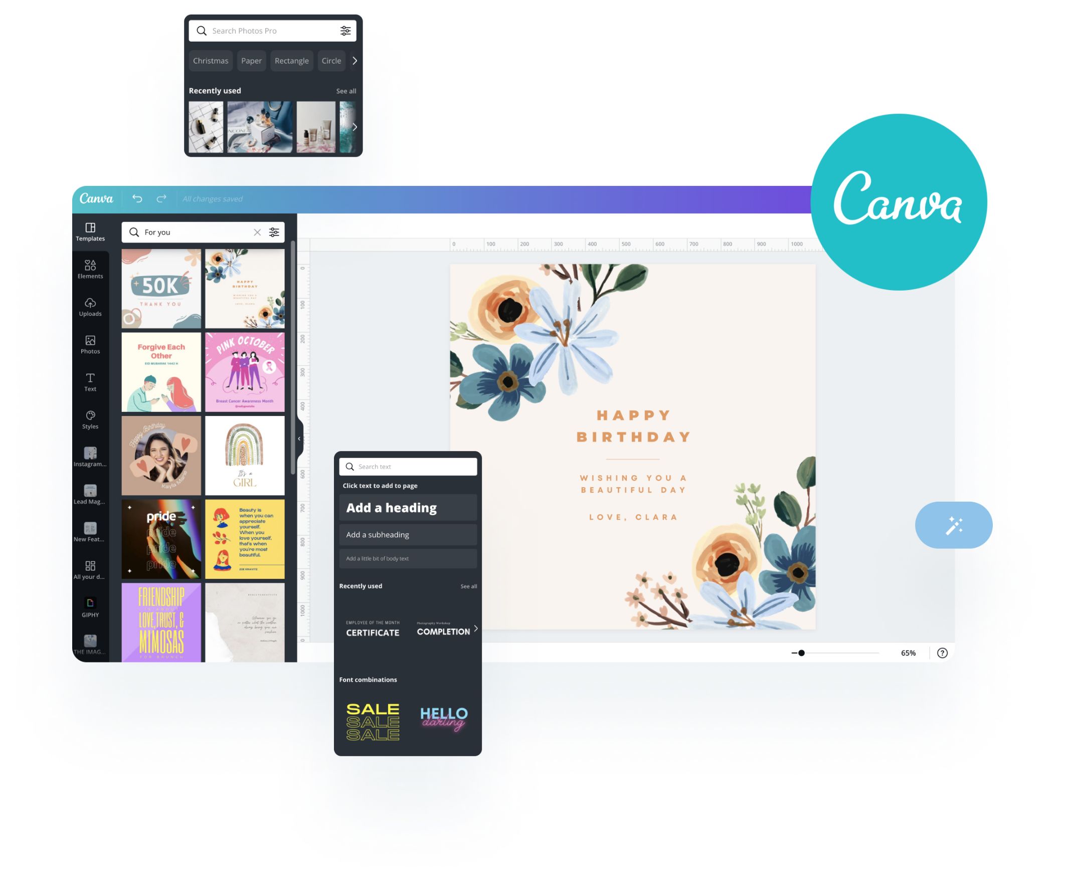 Screenshot of Canva's design interface showing a floral-themed "Happy Birthday" card in progress with text editing options and various pre-made templates on the left sidebar, ideal for use with a social media scheduler | plannthat.com