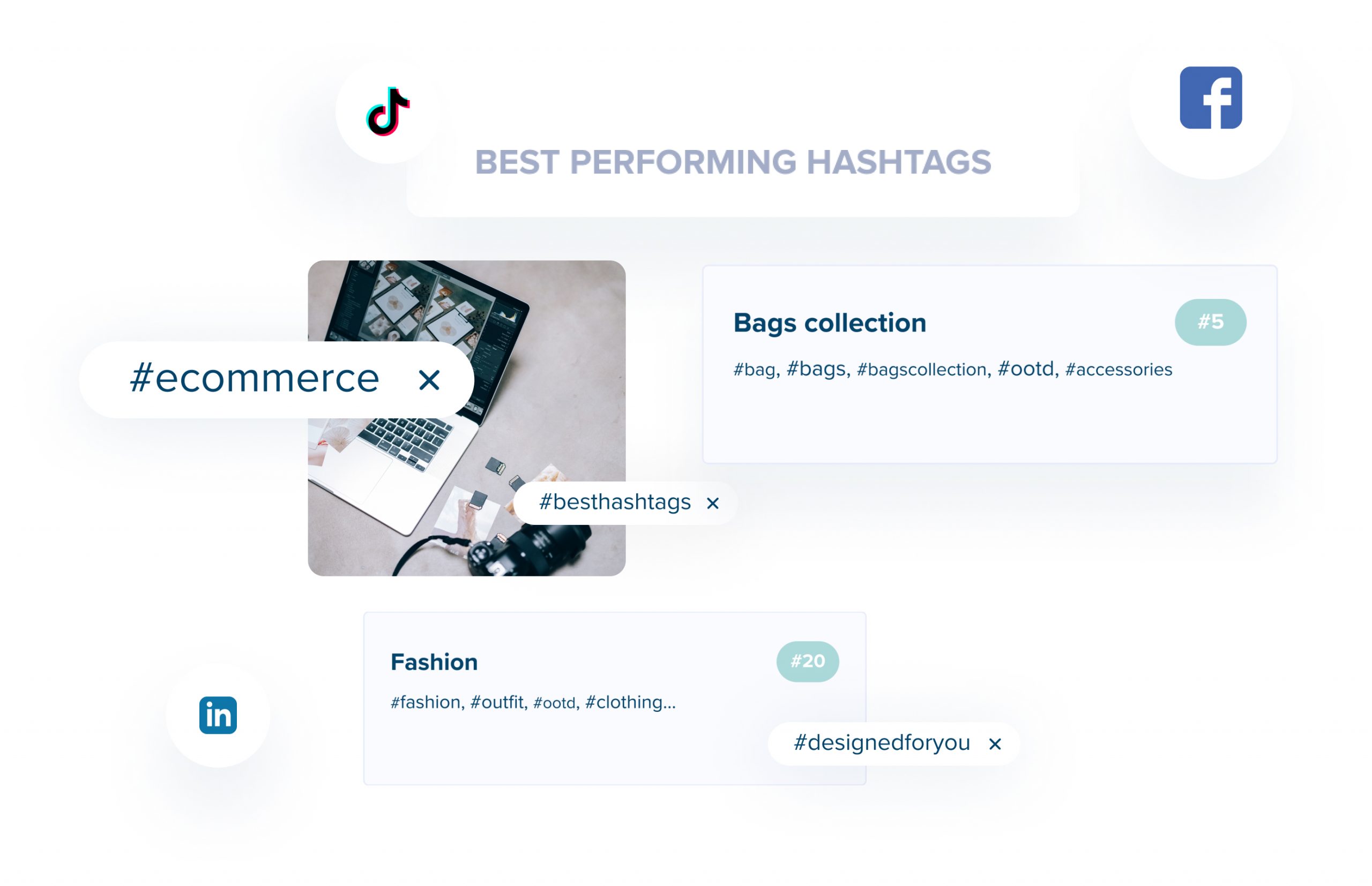 An image showing best-performing hashtags for TikTok, Facebook, and LinkedIn, including #ecommerce, #besthashtags, #bagscollection, and #fashion, alongside a laptop and camera, highlighting the effectiveness of a social media scheduler | plannthat.com