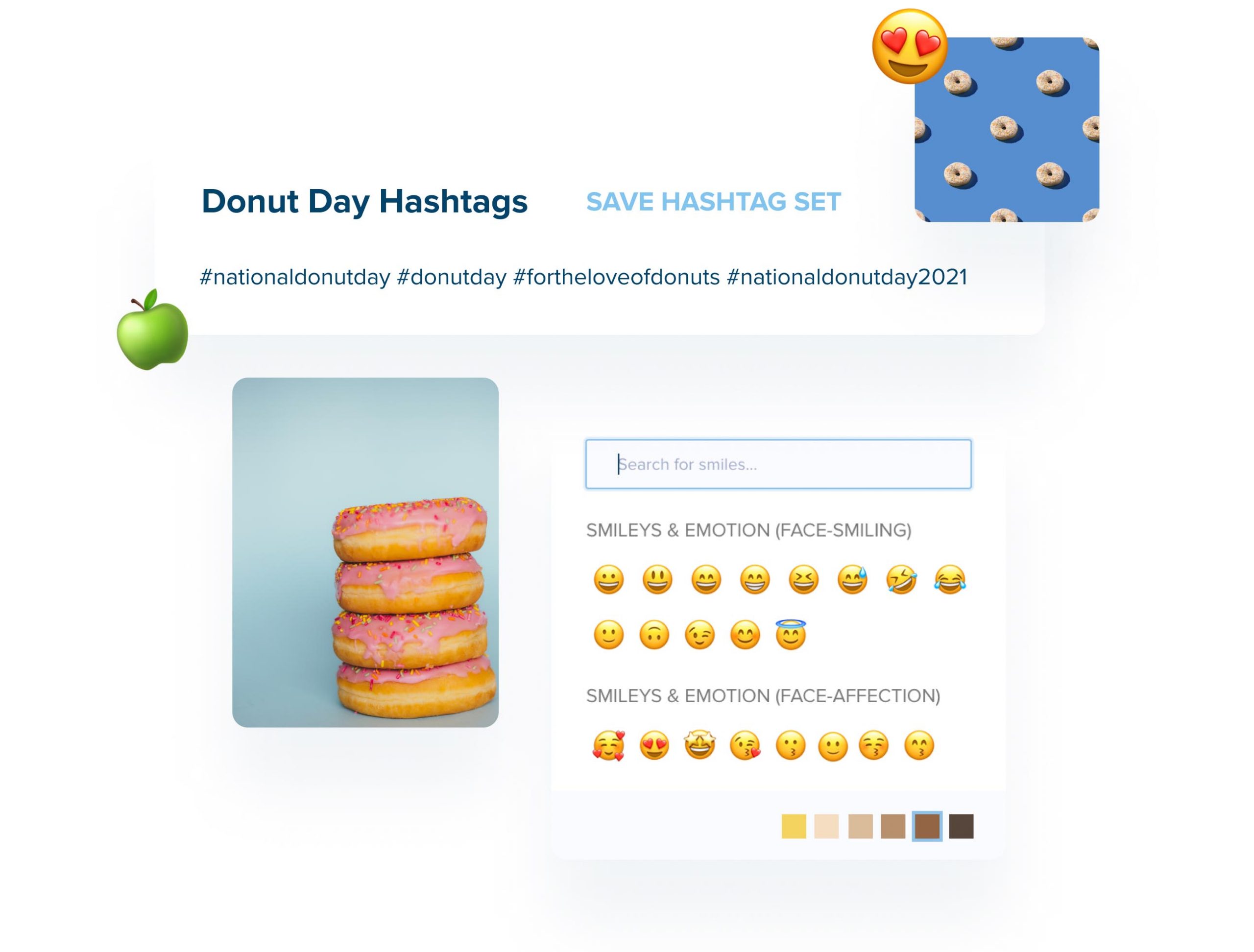 Stack of pink frosted donuts with sprinkles, surrounded by Donut Day hashtags and a search bar for smiley emojis, including #nationaldonutday and other related hashtags, promoting the use of a social media scheduler | plannthat.com