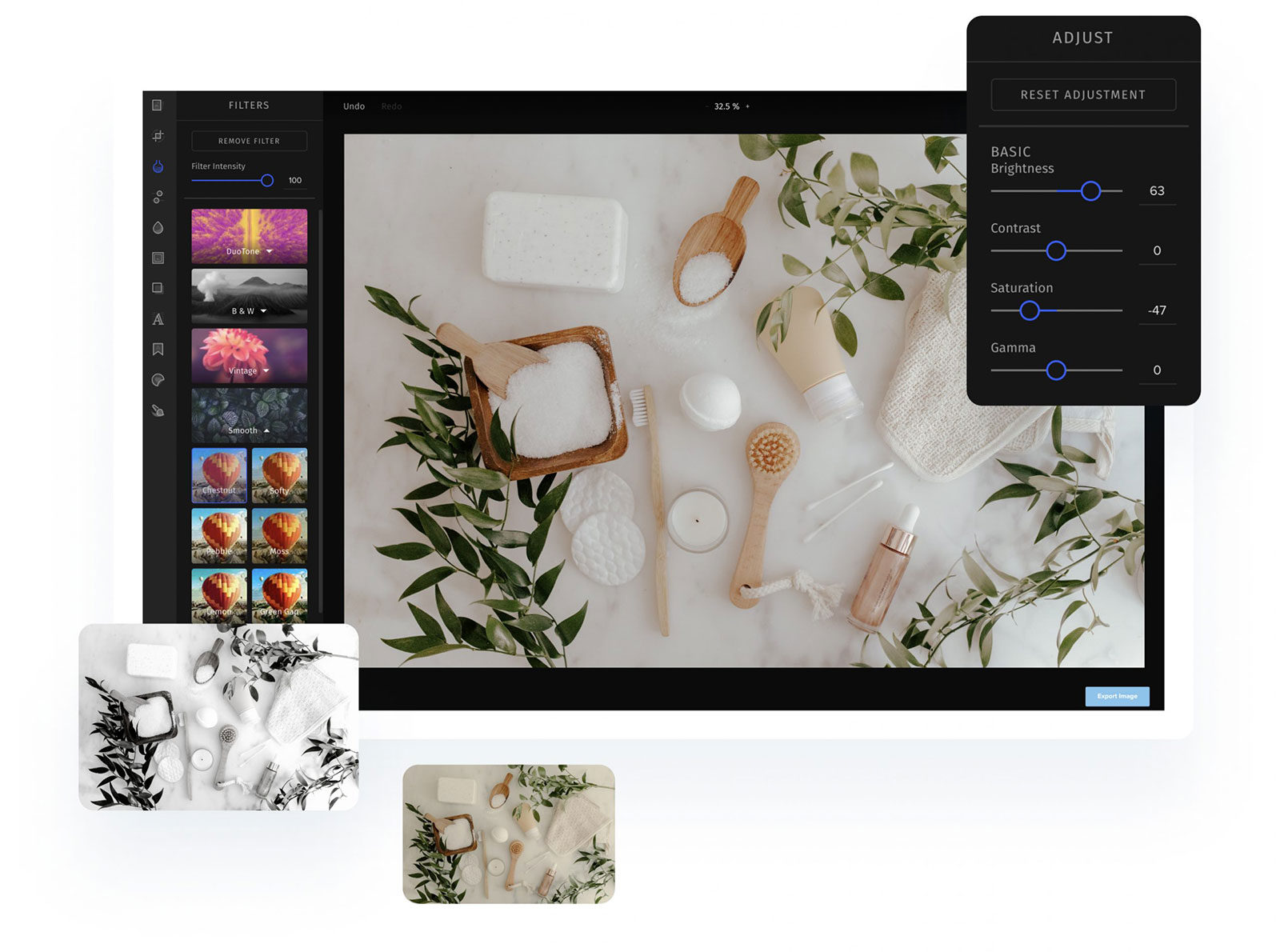 A computer screen displaying an image editing software interface with various tools and filters, featuring a main image of spa items like brushes, soap, and leaves, along with smaller thumbnails and adjustment settings on the side panels, ideal for use with a social media scheduler | plannthat.com