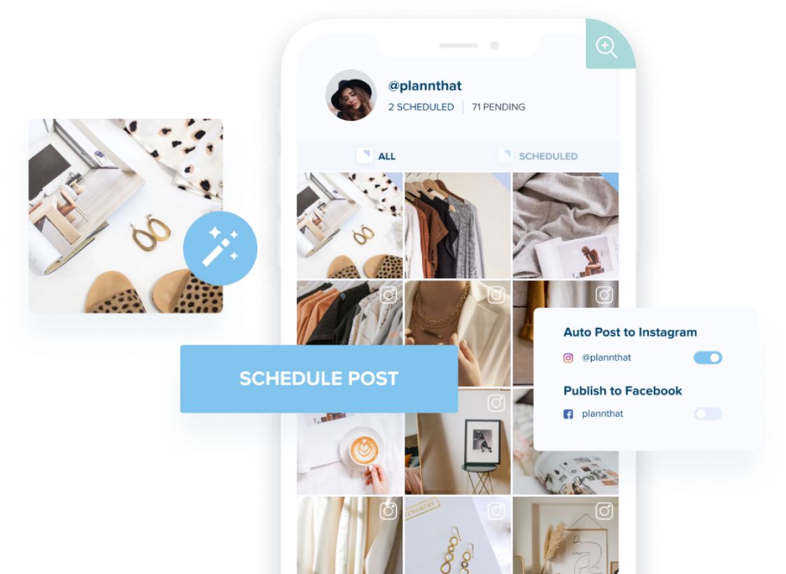 Mobile app interface showing a social media scheduler with a grid of image previews, options to schedule posts, auto-post to Instagram, and publish to Facebook | plannthat.com Mobile app interface showing a social media scheduler with a grid of image previews, options to schedule posts, auto-post to Instagram, and publish to Facebook | plannthat.com
