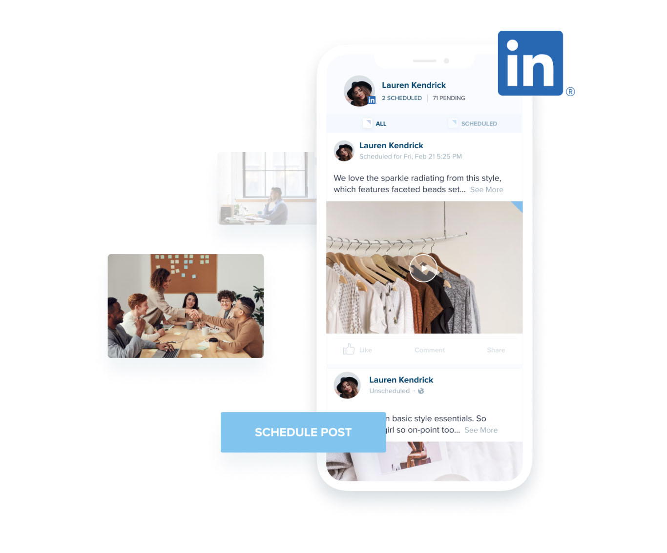 A smartphone displays a LinkedIn post scheduling interface with the "Schedule Post" button highlighted. Beside it, a group of diverse colleagues collaborates in a meeting room. The LinkedIn logo appears at the top right. | plannthat.com