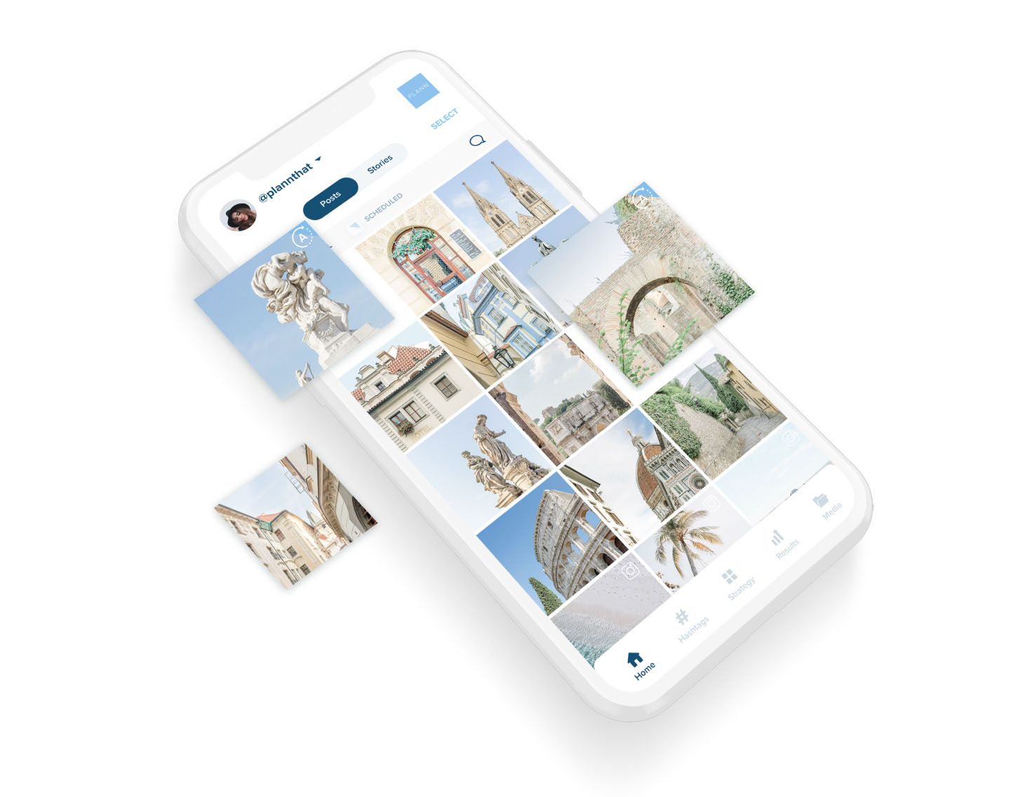 A smartphone displays a grid of travel photos, showcasing architecture and landmarks, with options for posts, stories, and scheduling visible on the interface. The screen features various scenic images and navigation icons at the bottom, highlighting the functionality of a social media scheduler. | plannthat.com