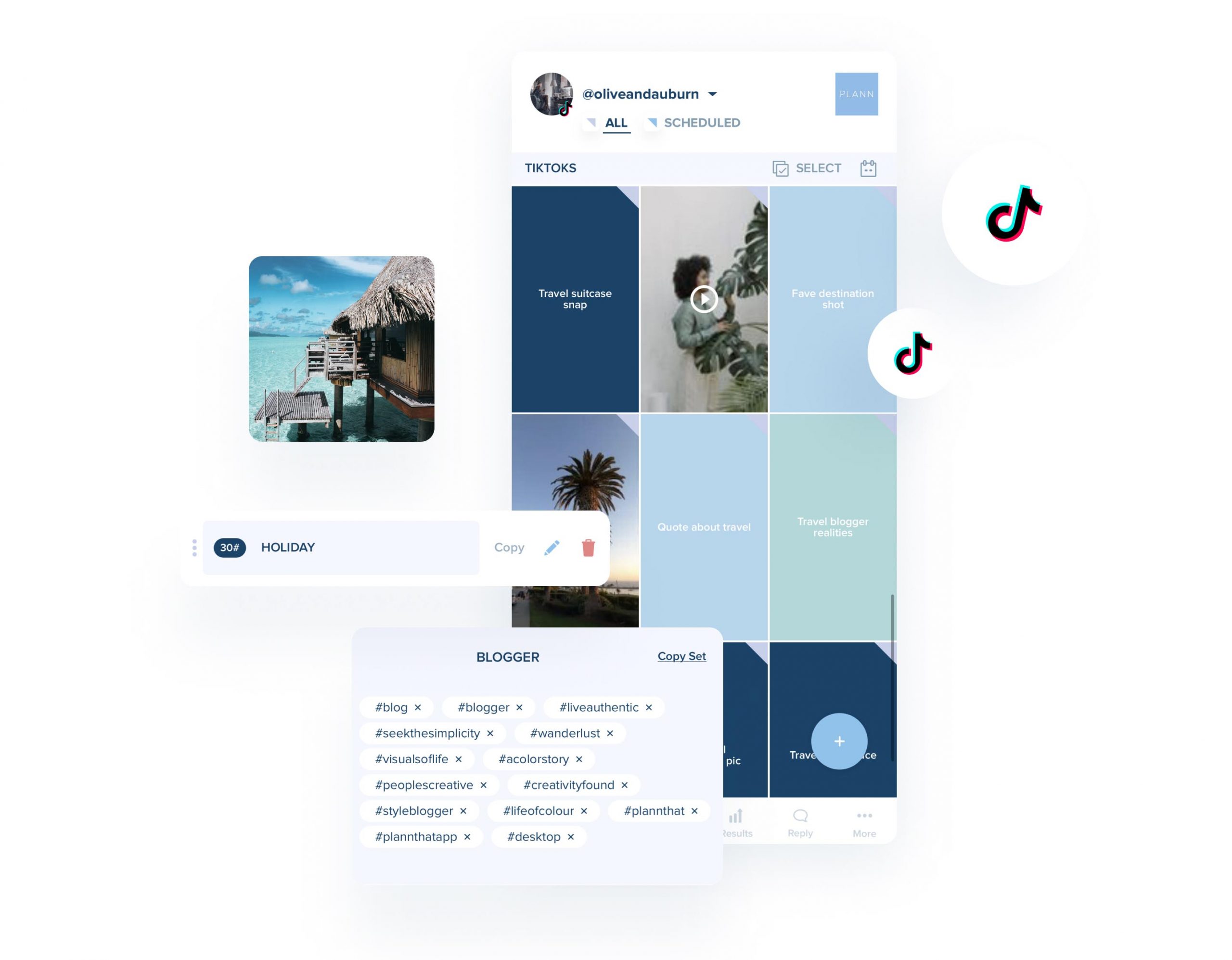 A digital planner interface displaying scheduled TikTok posts, hashtags, and a tropical holiday image. The screen shows various content categories, including travel suitcase setup and quiet outdoor retreat, with TikTok icons and a user profile at the top. | Social media scheduler | plannthat.com