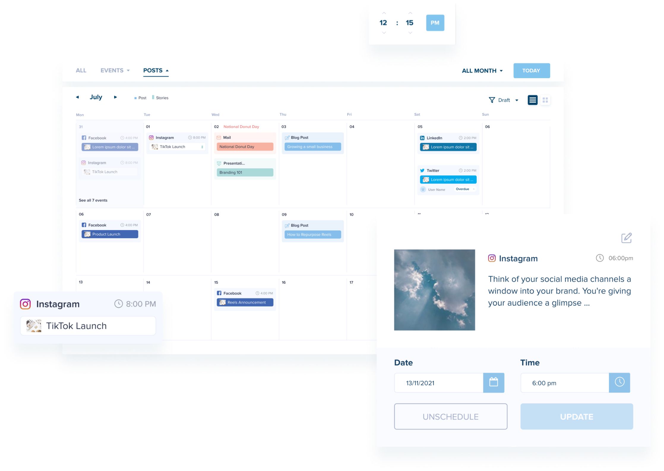 Social media scheduler interface showing scheduled posts for Instagram, Facebook, Twitter, and LinkedIn, with features like event scheduling, time setting, and post previews | plannthat.com