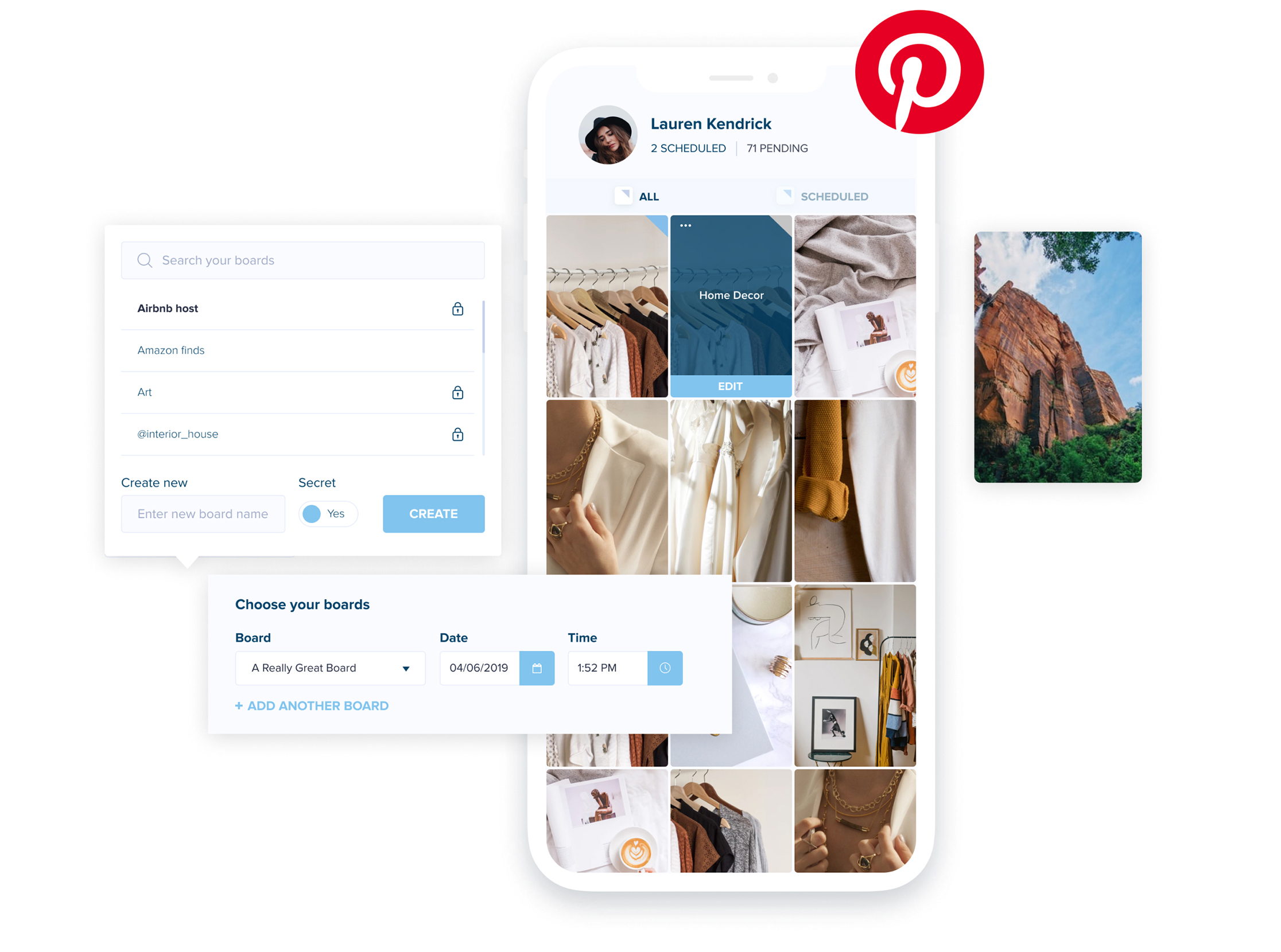 Pinterest mobile interface showing user Lauren Kendrick's boards, featuring home decor and fashion. Sidebar displays board creation options and scheduling details, highlighting the social media scheduler feature | plannthat.com