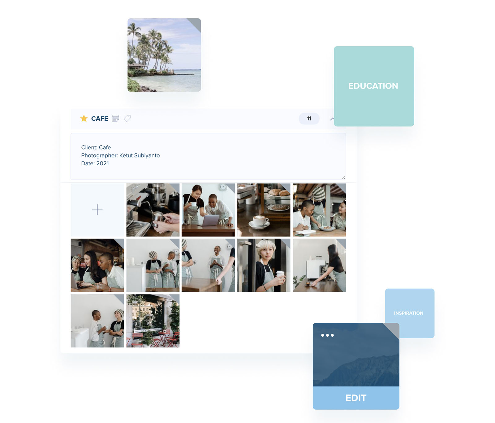 Image gallery titled 'CAFE' featuring various photos of cafe activities, people working, and coffee, tagged with education, inspiration, and editing, photographed by Ketut Subiyanto in 2021, showcasing a professional strategy for a social media planner | plannthat.com