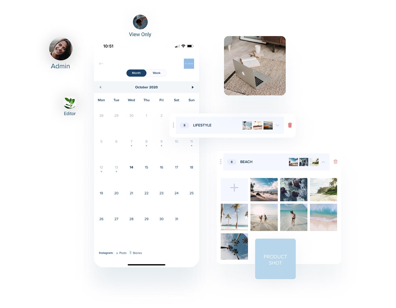 Digital calendar interface for October 2020 showing user roles (Admin, Editor), image categories (Lifestyle, Beach), and a product shot. Calendar supports Instagram posts and stories with image thumbnails and a laptop on a rug | Social media scheduler | plannthat.com