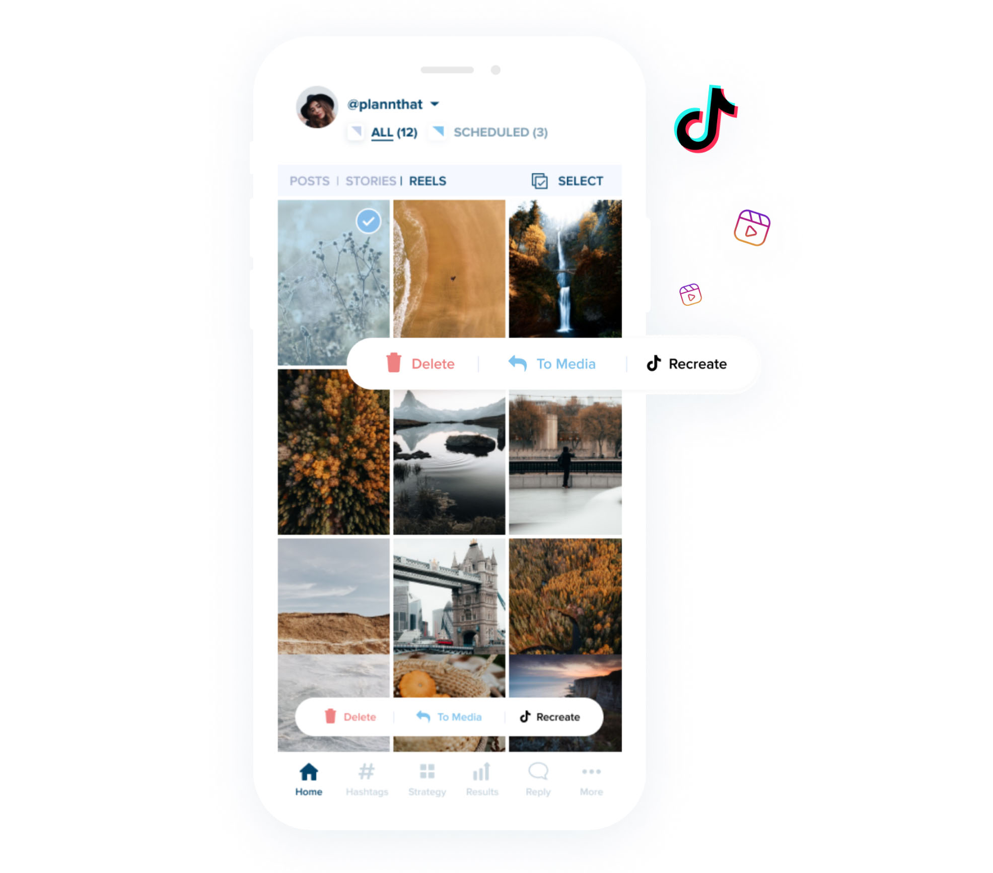 A smartphone screen displaying a social media app with various photo thumbnails and options like "Delete," "To Media," and "Recreate." TikTok icons are visible, along with navigation buttons for Home, Hashtags, Strategy, Results, and Reply, showcasing a social media scheduler interface. | plannthat.com