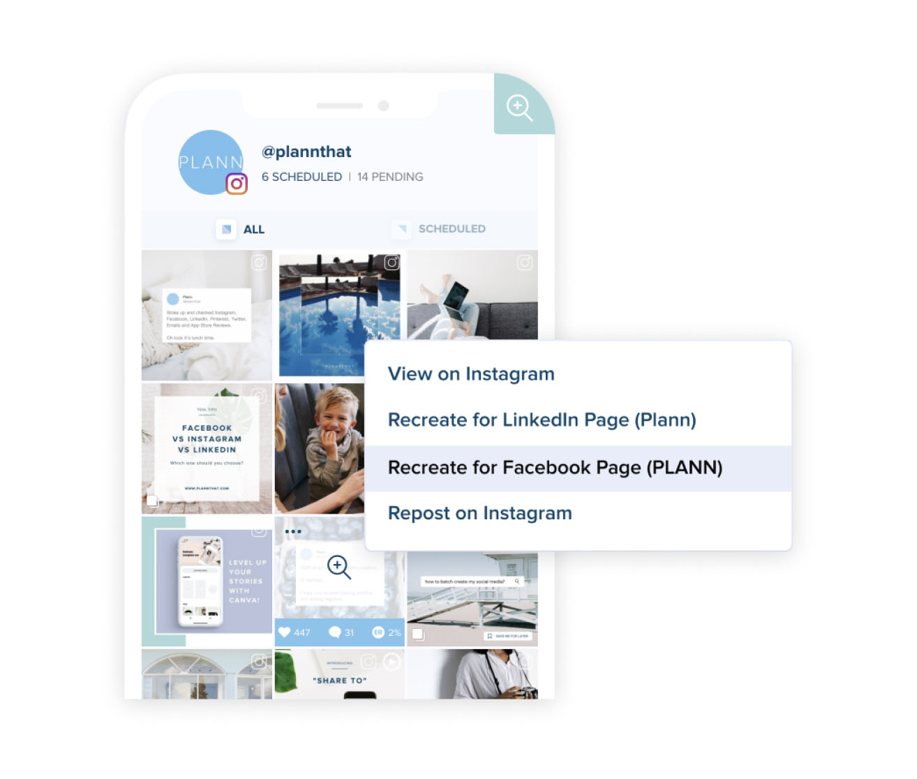 A mobile screen displays a social media management app with options to view or repost content on Instagram, LinkedIn, or Facebook. The app shows scheduled posts and pending tasks, highlighting its functionality as a social media scheduler | plannthat.com