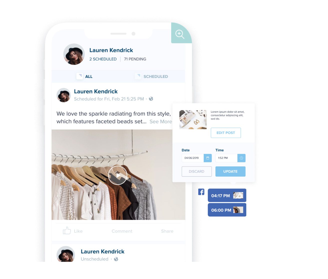 A mobile interface displaying social media posts by Lauren Kendrick, featuring a post with hanging clothes and options to edit, schedule, update, or discard the post, showcasing a social media scheduler | plannthat.com