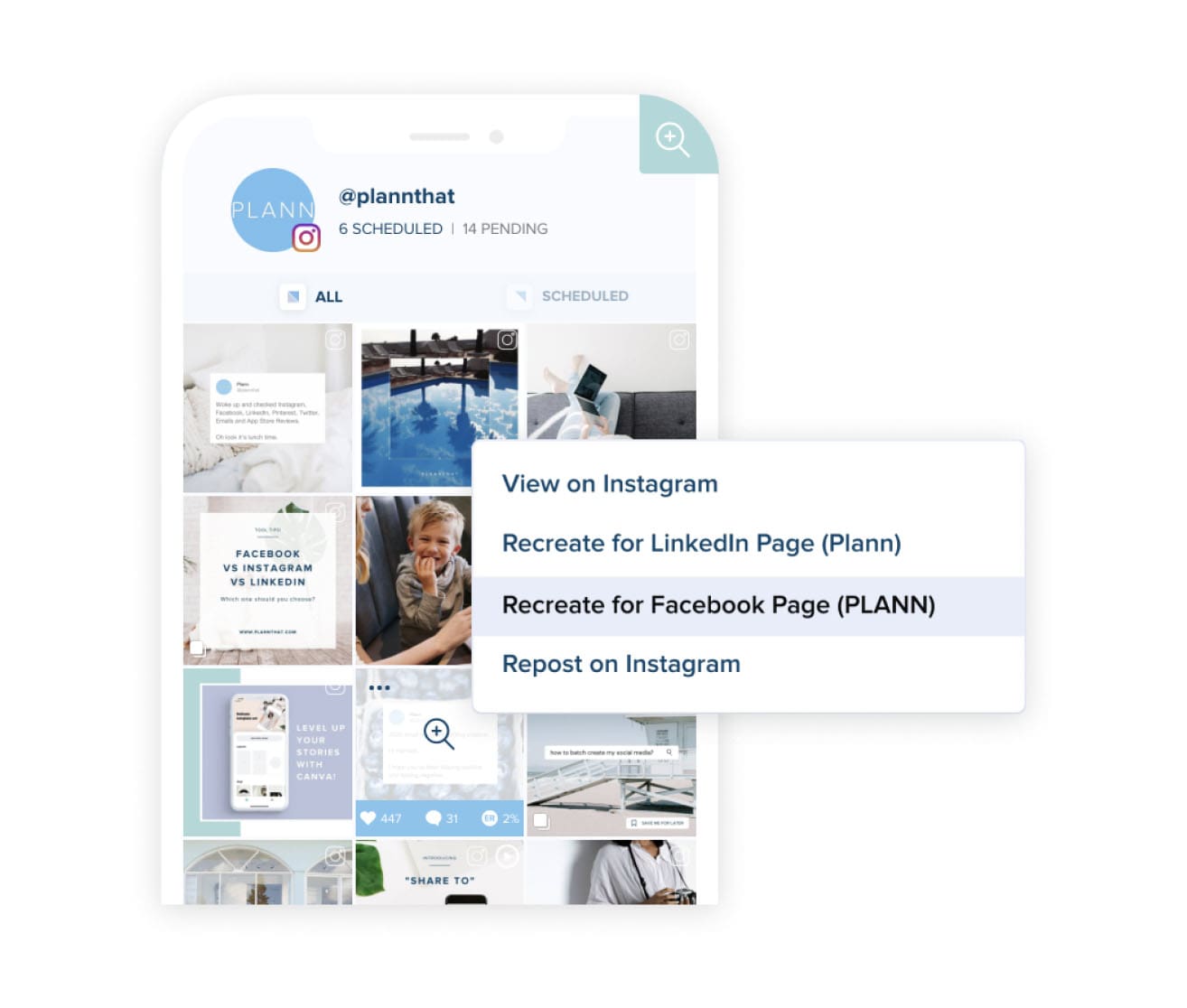 Mobile interface of social media scheduler app Plann, showing scheduled posts and options to view on Instagram, recreate for LinkedIn, Facebook, or repost on Instagram | plannthat.com Mobile interface of social media scheduler app Plann, showing scheduled posts and options to view on Instagram, recreate for LinkedIn, Facebook, or repost on Instagram | plannthat.com