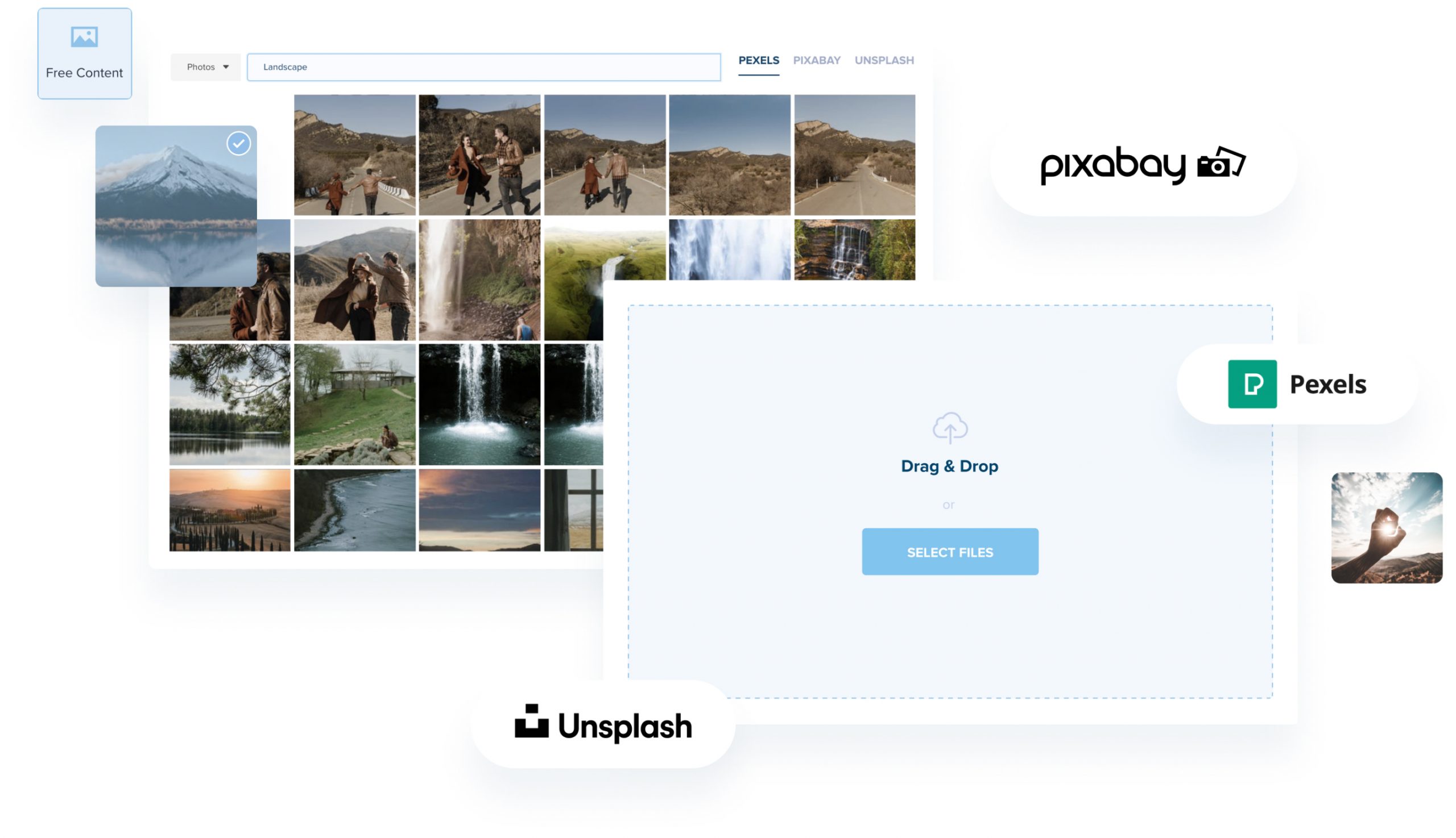 User interface displaying a photo gallery with landscape images from Pixabay, Pexels, and Unsplash, featuring a drag-and-drop area for uploading files and a search bar to filter photos, ideal for a social media scheduler | plannthat.com User interface displaying a photo gallery with landscape images from Pixabay, Pexels, and Unsplash, featuring a drag-and-drop area for uploading files and a search bar to filter photos, ideal for a social media scheduler | plannthat.com