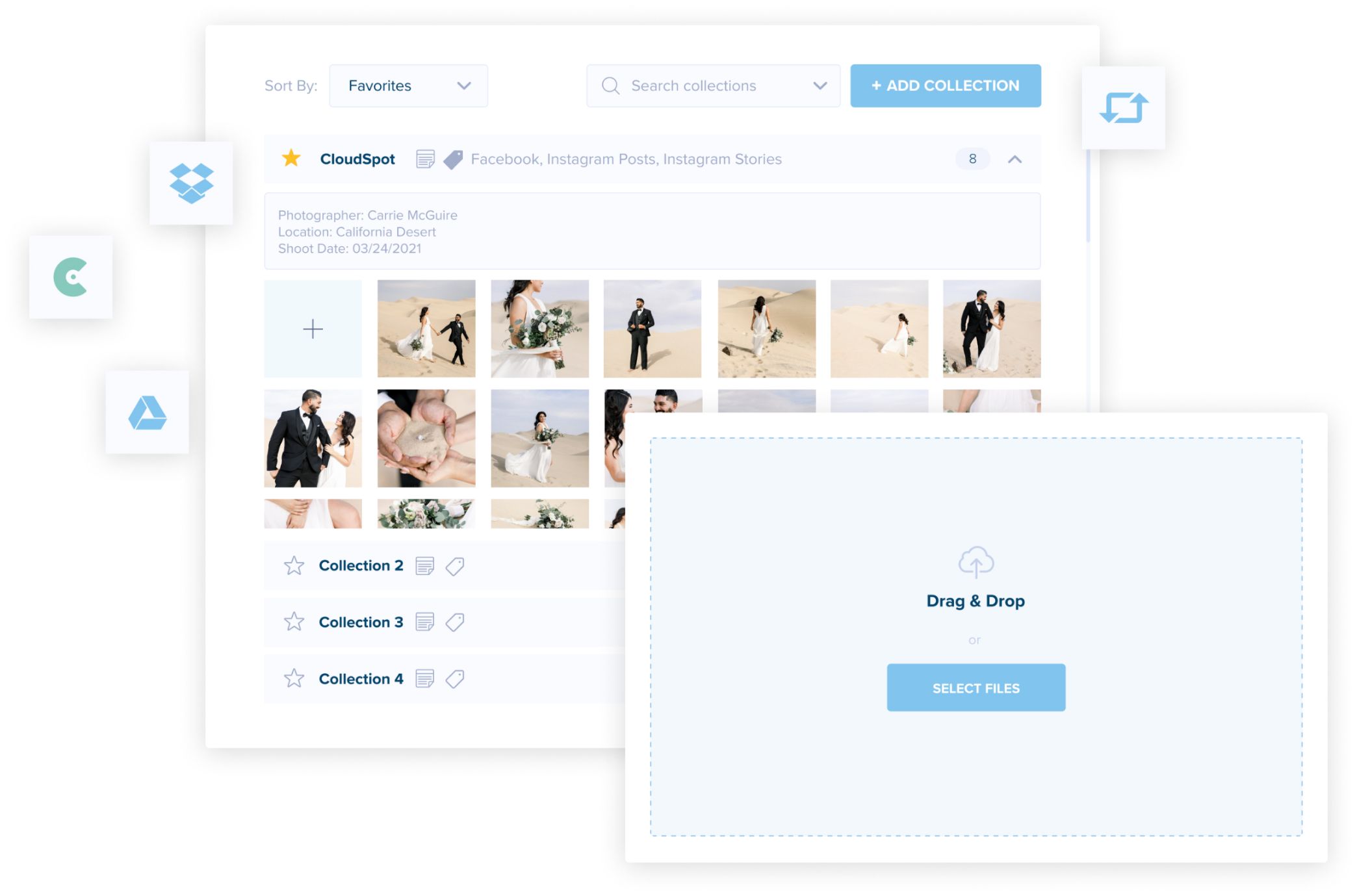 User interface for a photo management tool displaying a collection of wedding photos, with options to sort by favorites, add collections, and drag and drop files. Cloud storage icons visible | Social media planner | plannthat.com