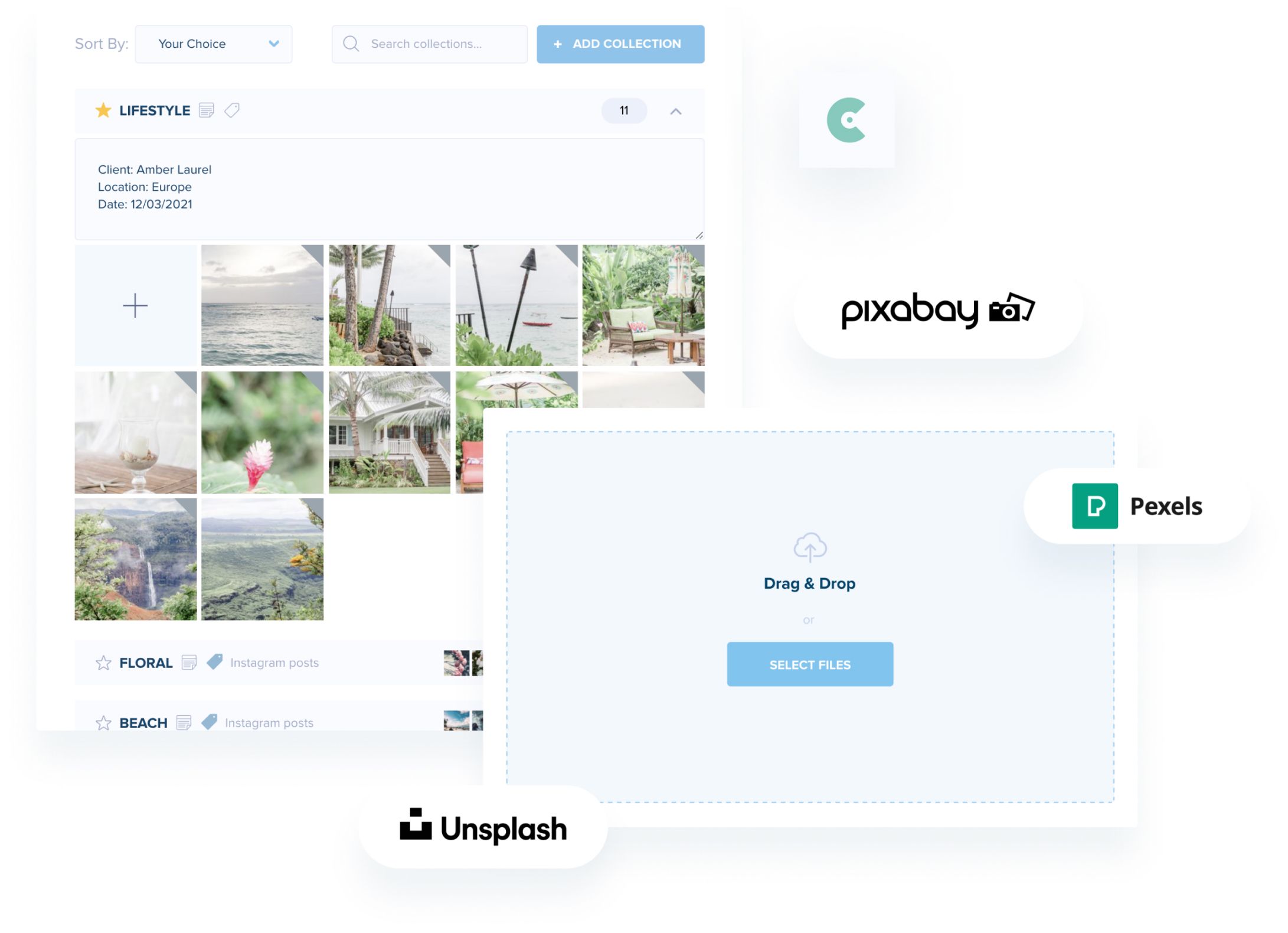 A digital asset management interface displaying a "LIFESTYLE" photo collection with images from sources like Pixabay, Pexels, and Unsplash, featuring options to drag and drop or select files for upload, ideal for a social media planner | plannthat.com