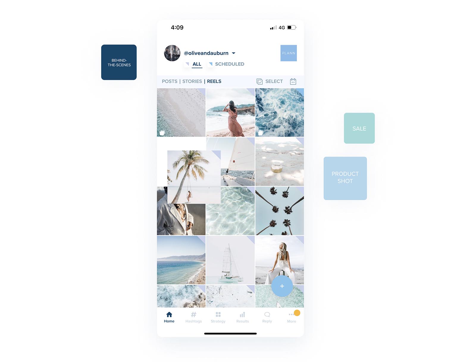 Instagram profile page with a grid of beach and ocean-themed photos, showcasing options for posts, stories, and reels. Navigation icons are visible at the bottom, with labels for "Behind-the-Scenes," "Sale," and "Product Shot." | Social media planner | plannthat.com