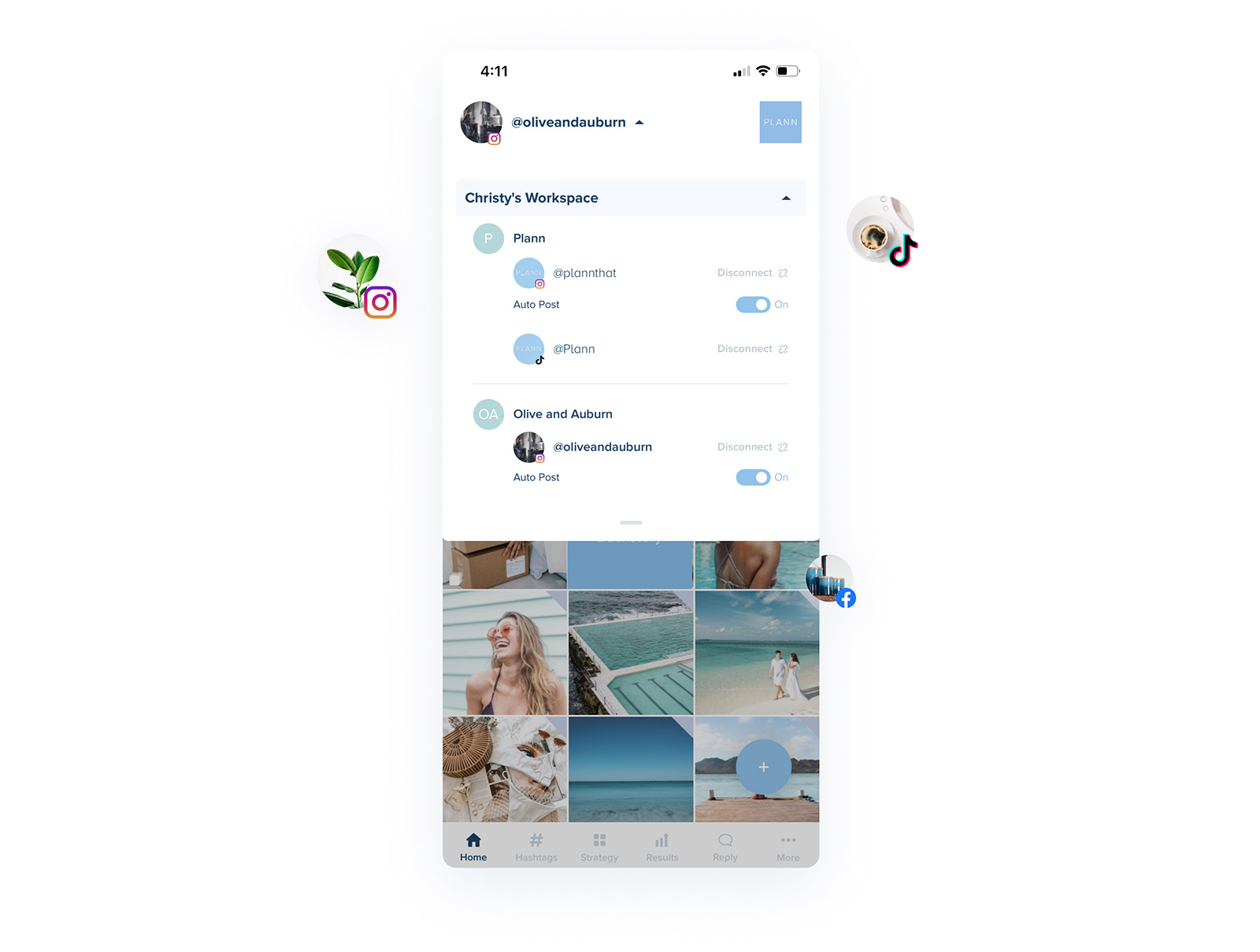 A mobile app interface displaying social media management tools with options for auto-posting on Instagram, TikTok, and Facebook. The screen shows a workspace with posts featuring beach and vacation images, highlighting the functionality of a social media scheduler. | plannthat.com