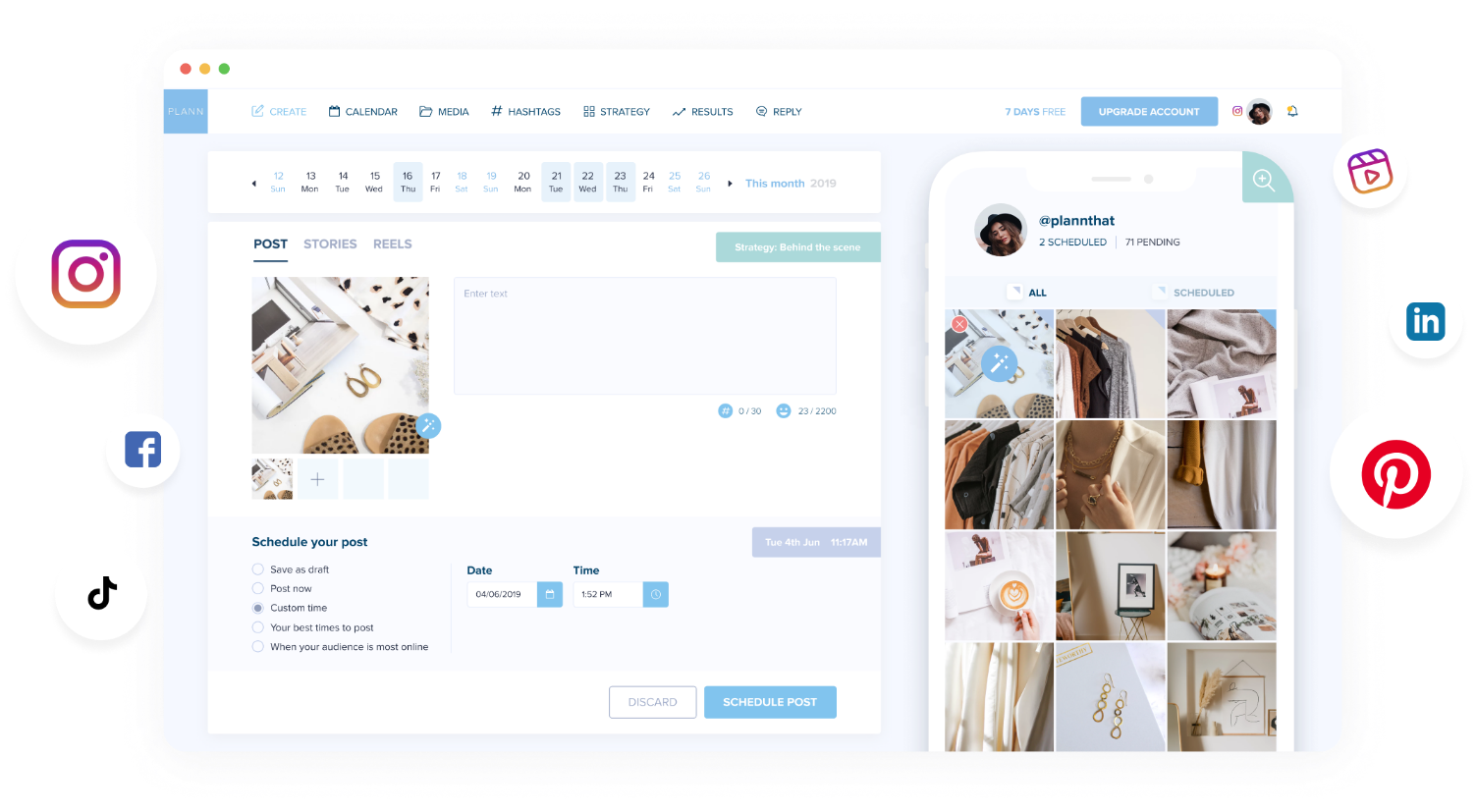 A social media scheduler interface displaying a calendar, post scheduling options, and social media icons. The screen shows a draft post with image attachments and a preview of an Instagram profile with various photo thumbnails. | plannthat.com A social media scheduler interface displaying a calendar, post scheduling options, and social media icons. The screen shows a draft post with image attachments and a preview of an Instagram profile with various photo thumbnails. | plannthat.com