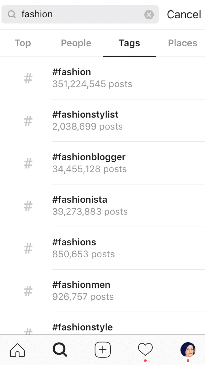 Screenshot of Instagram's search feature showing popular hashtags related to "fashion," including #fashion, #fashionstylist, #fashionblogger, and more, with the number of posts for each hashtag displayed. The interface includes tabs for Top, People, Tags, and Places, useful for any social media planner | plannthat.com Screenshot of Instagram's search feature showing popular hashtags related to "fashion," including #fashion, #fashionstylist, #fashionblogger, and more, with the number of posts for each hashtag displayed. The interface includes tabs for Top, People, Tags, and Places, useful for any social media planner | plannthat.com