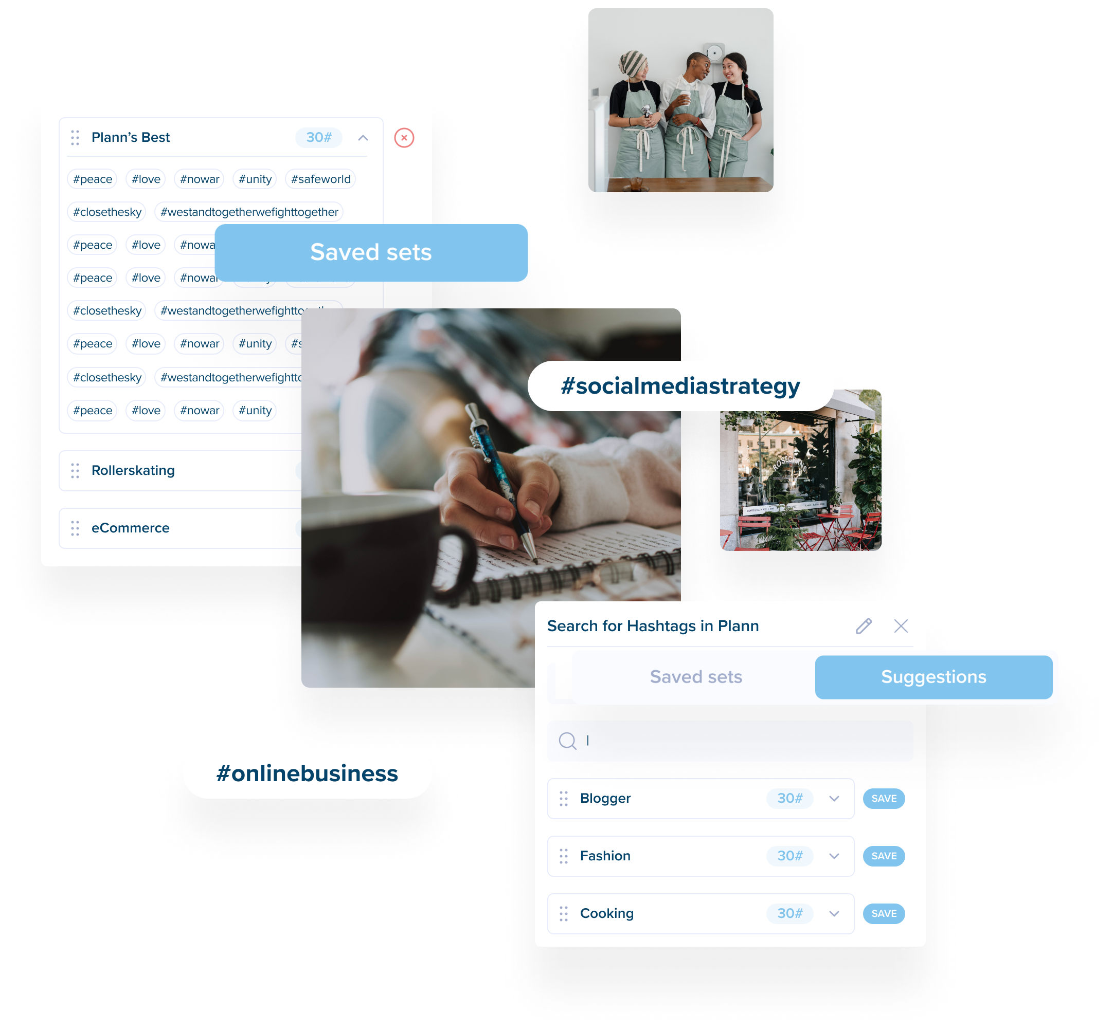 A collage of images and text showing a social media planner tool, featuring saved hashtag sets, a search bar for hashtags, and various hashtag suggestions like #socialmediastrategy and #onlinebusiness. People are seen collaborating and writing | plannthat.com A collage of images and text showing a social media planner tool, featuring saved hashtag sets, a search bar for hashtags, and various hashtag suggestions like #socialmediastrategy and #onlinebusiness. People are seen collaborating and writing | plannthat.com